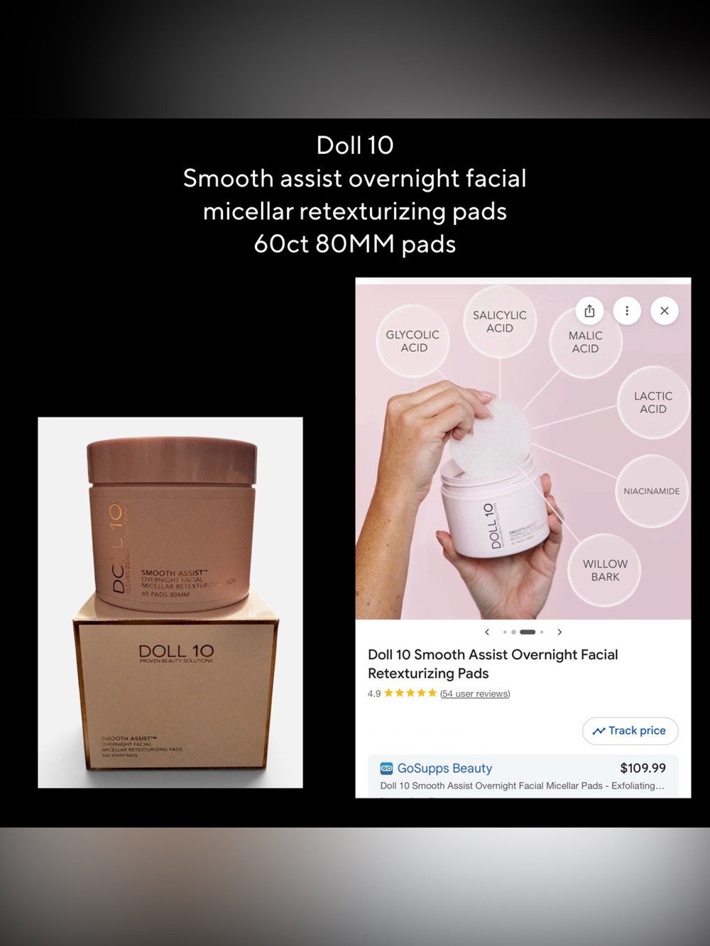 Doll 10 smooth assist overnight facial micellar retexturizing pads 60ct